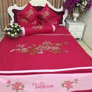 Set chăn ga gối cưới thêu hoa 7 món