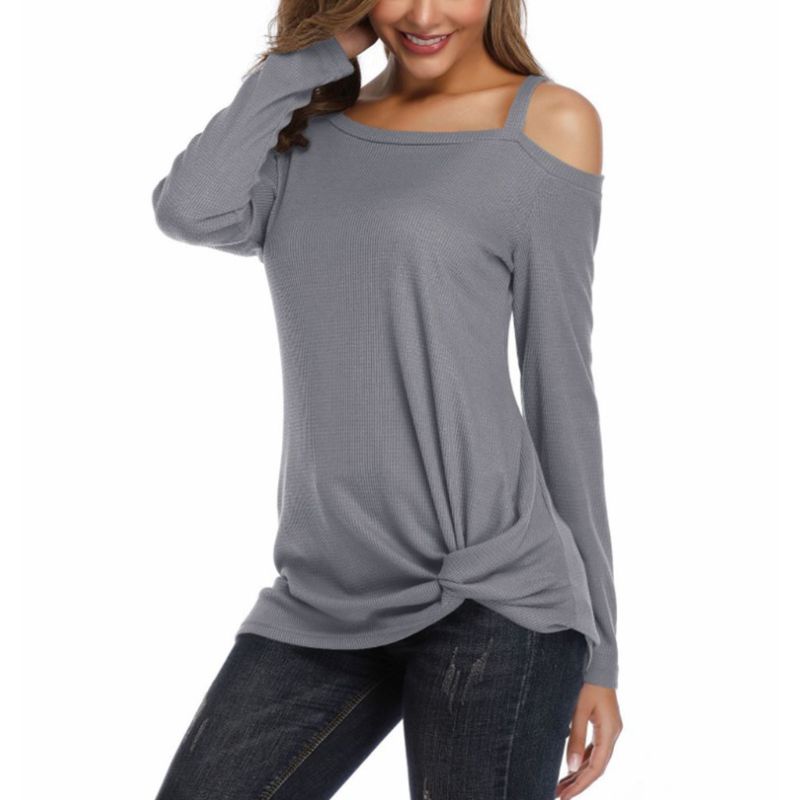 Xixi Áo Thun Tay Dài Dáng Rộng Hở Vai Màu Trơn Thắt Nút Phía Trước Size S-2Xl Cho Nữ