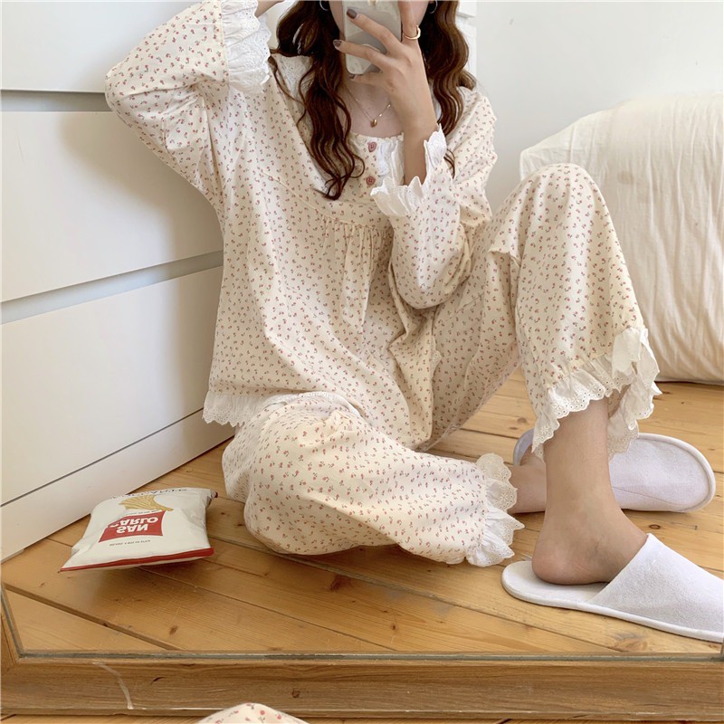 Bộ ngủ dài tay họa tiết hoa nhí viền ren [ Có ảnh thật ]