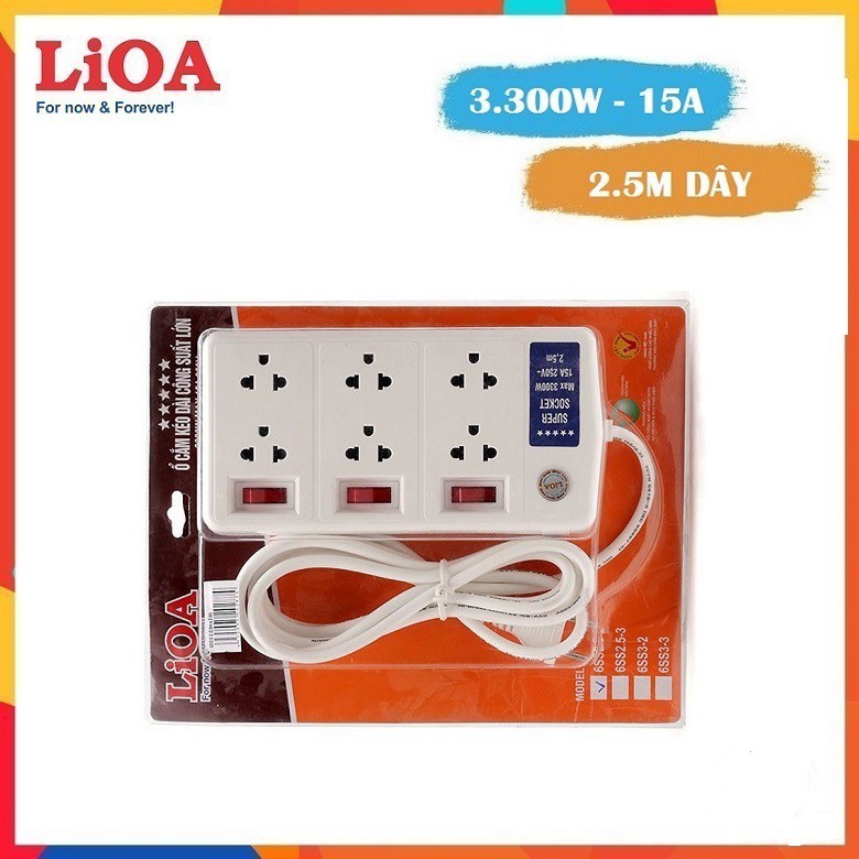 Ổ cắm điện Lioa 6 ổ cắm 2 lõi dây công suất cao Super dây 2.5m - 6SS2.5-2 màu trắng