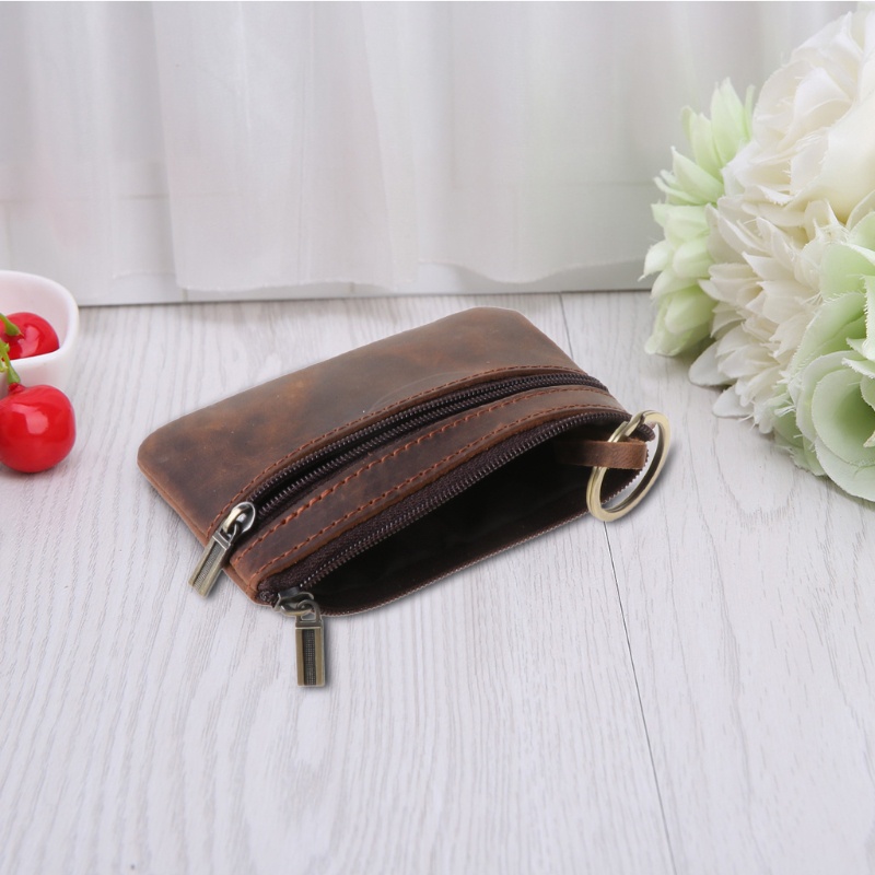Ví Đựng Tiền Xu Bằng Da Bò Mỏng Có Khóa Kéo Cho Nam Nữ Giá Đỡ
