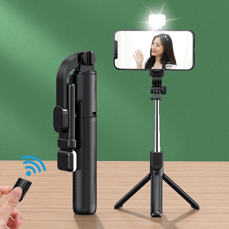 Gậy Tự Sướng Bluetooth + tripod R1s Xoay 360 Độ Có Đèn LED