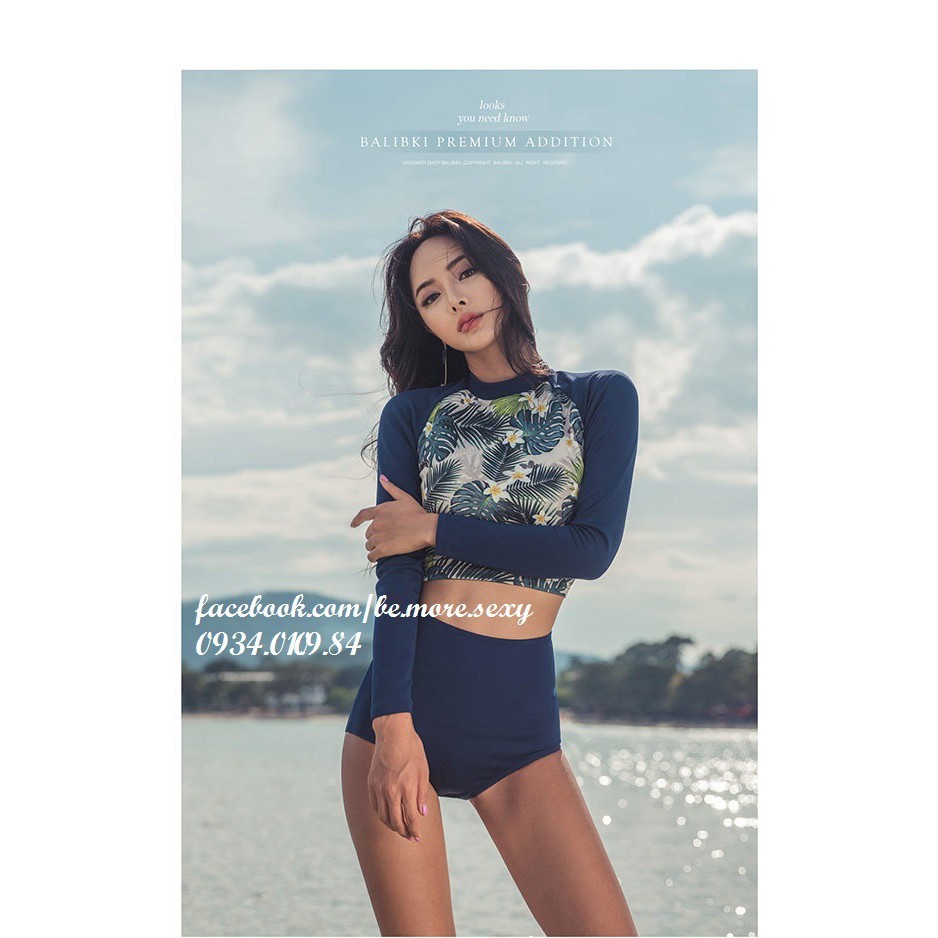 Đồ bơi dài tay Hàn Quốc croptop hoa tay xanh