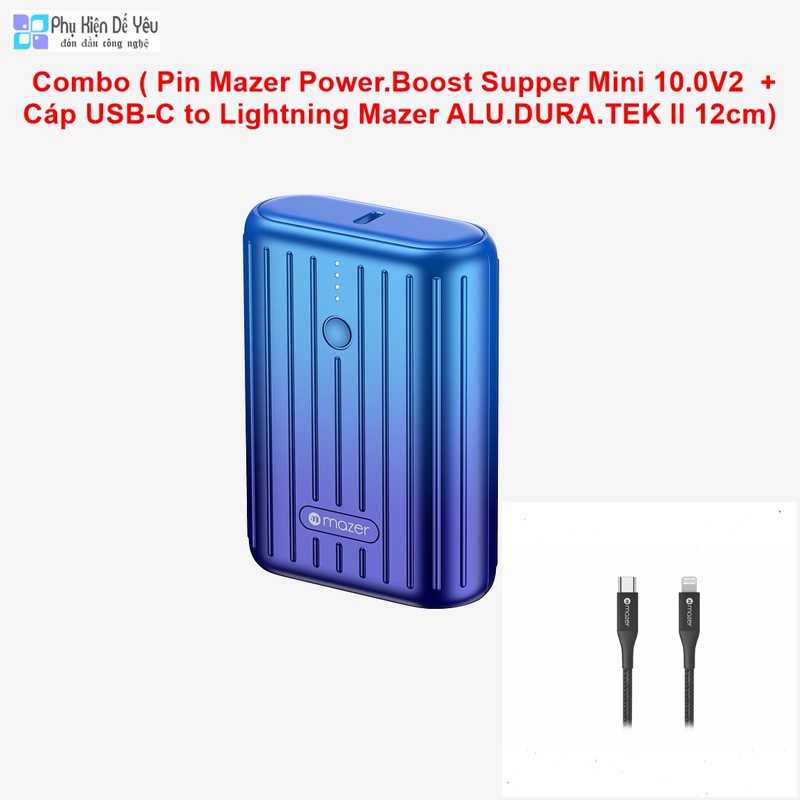 Combo (Pin sạc dự phòng Mazer Power.Boost Supper Mini 10.0V2 - 10.000mAh + Cáp USB-C to Lightning Mazer ALU.DURA.TEK II