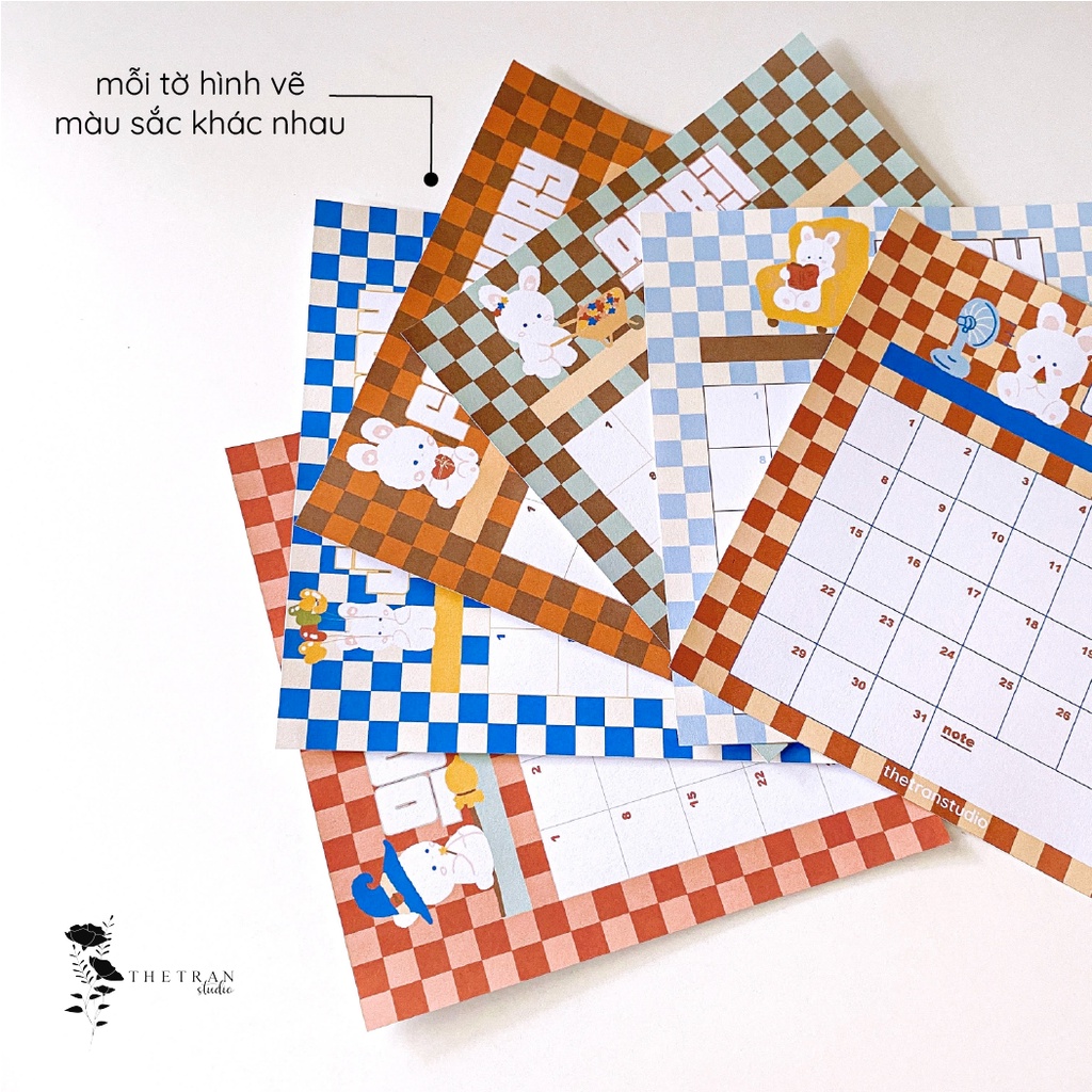 Bộ 12 tờ lịch kế hoạch hàng ngày 12 tháng dùng cho tất cả các năm vuông 145x145mm / single life calendar / thetranstudio