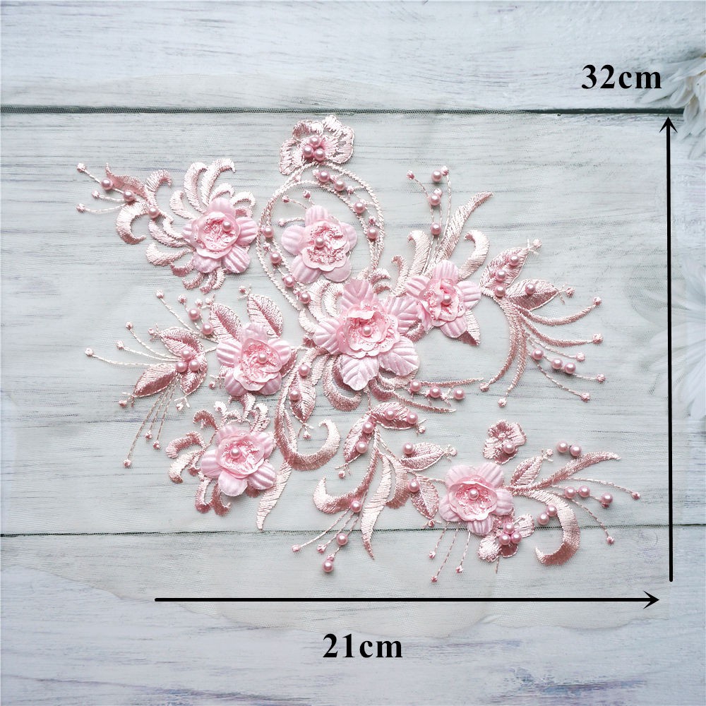 Vải Ren Màu Hồng Thêu Hoa Đính Ngọc Trai Dùng May Váy Cưới diy