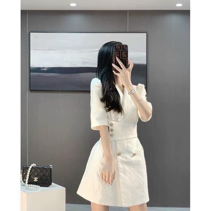 Váy gấm sang trọng có nút cúc ở eo sang chảnh (ảnh canh do shop chụp) A84