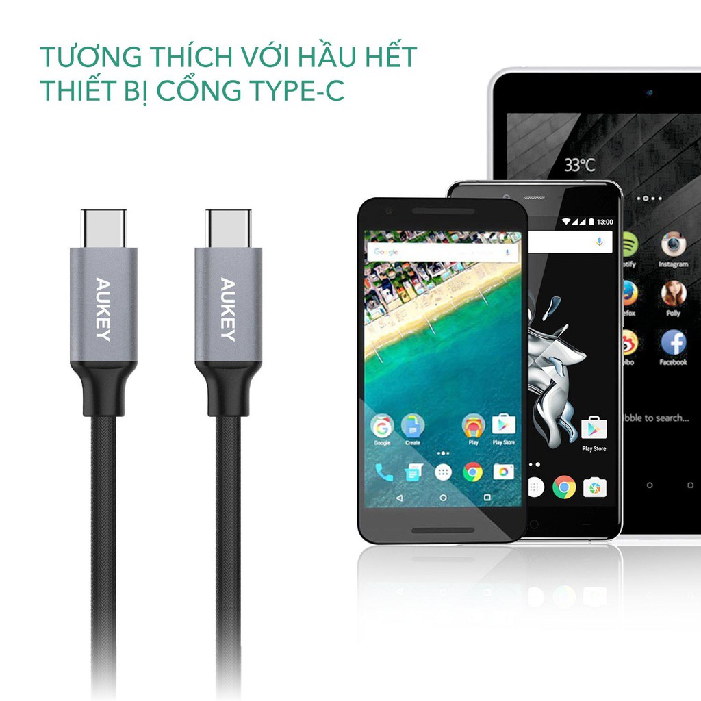 Cáp Sạc C To C Aukey CB-CD5 1m / CB-CD6 2m Siêu Bền, Công Suất 60W, 480Mbps - Hàng Chính Hãng