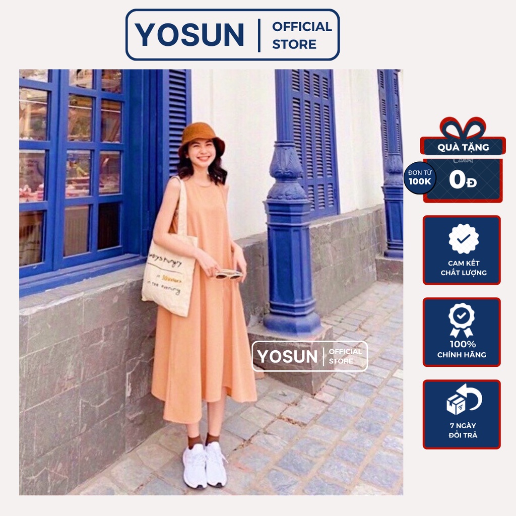 Đầm Nữ Dáng Suông Cổ Tròn Sát Nách Mát Mẻ, Váy Nữ Đi Chơi Dáng Dài Form Rộng Thoải Mái 2 Màu Vàng Hồng