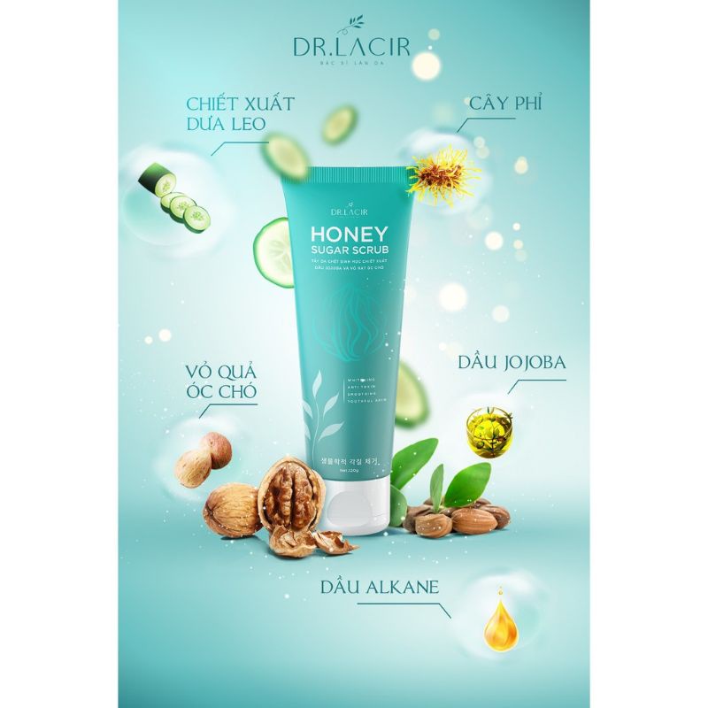 Tẩy Da Chết Sinh Học Drlacir– Honey Sugar Scrub,Chai 120 gram,Giúp loại bỏ các tế bào già cỗi,xỉn màu,ngừa bít tắc