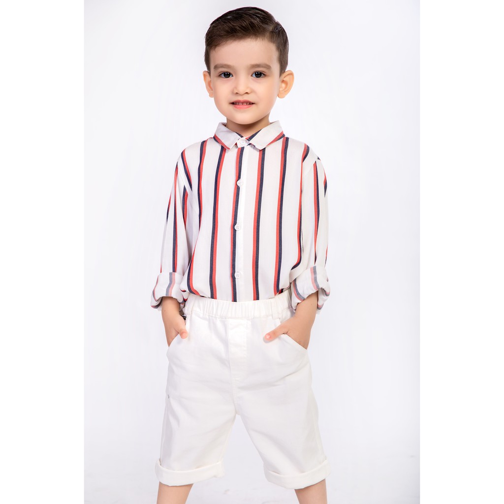 Áo sơ mi kẻ bé trai màu trắng đỏ Crown Kids Fashion T-Shirt CKBL2291334 cho bé 3-9 tuổi size 5-9