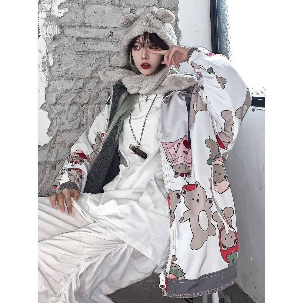 ÁO KHOÁC GIÓ DÙ GẤU ÔM DÂU - ÁO GIÓ 2 LỚP DÂU BEAR ULZZANG