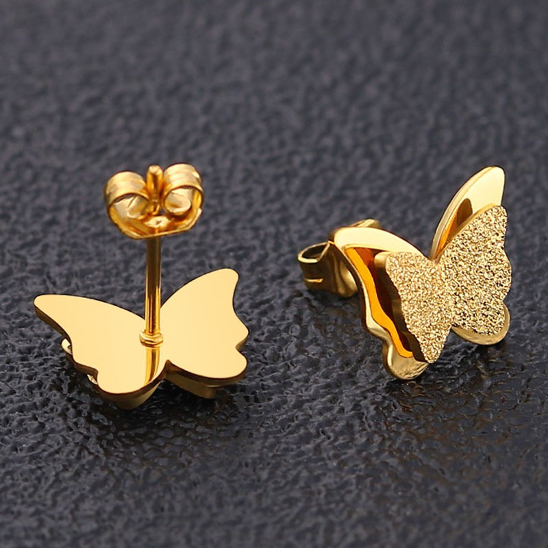 Khuyên Tai Thép Titan Mạ Vàng Hồng 18k Mặt Hình Bướm Dễ Thương Phong Cách Hàn Quốc