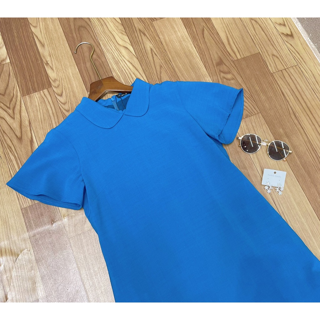 Đầm suông SEFA cổ sen màu xanh đơn giản, thanh lịch sft3007