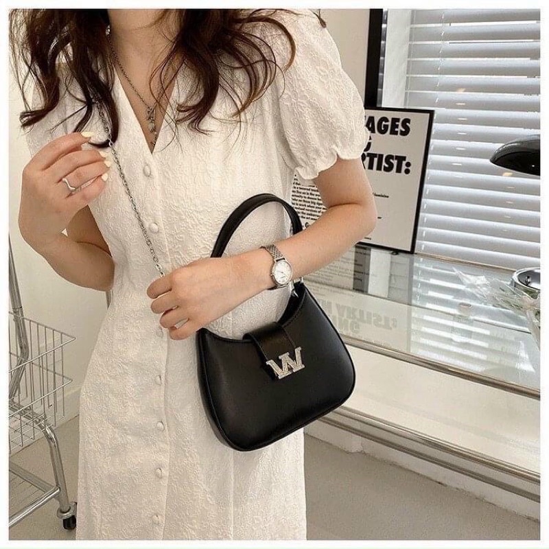 Túi đeo chéo nữ, túi kẹp nách quai xách cầm tay logo chữ W đính đá sang chảnh size to có dây đeo chéo