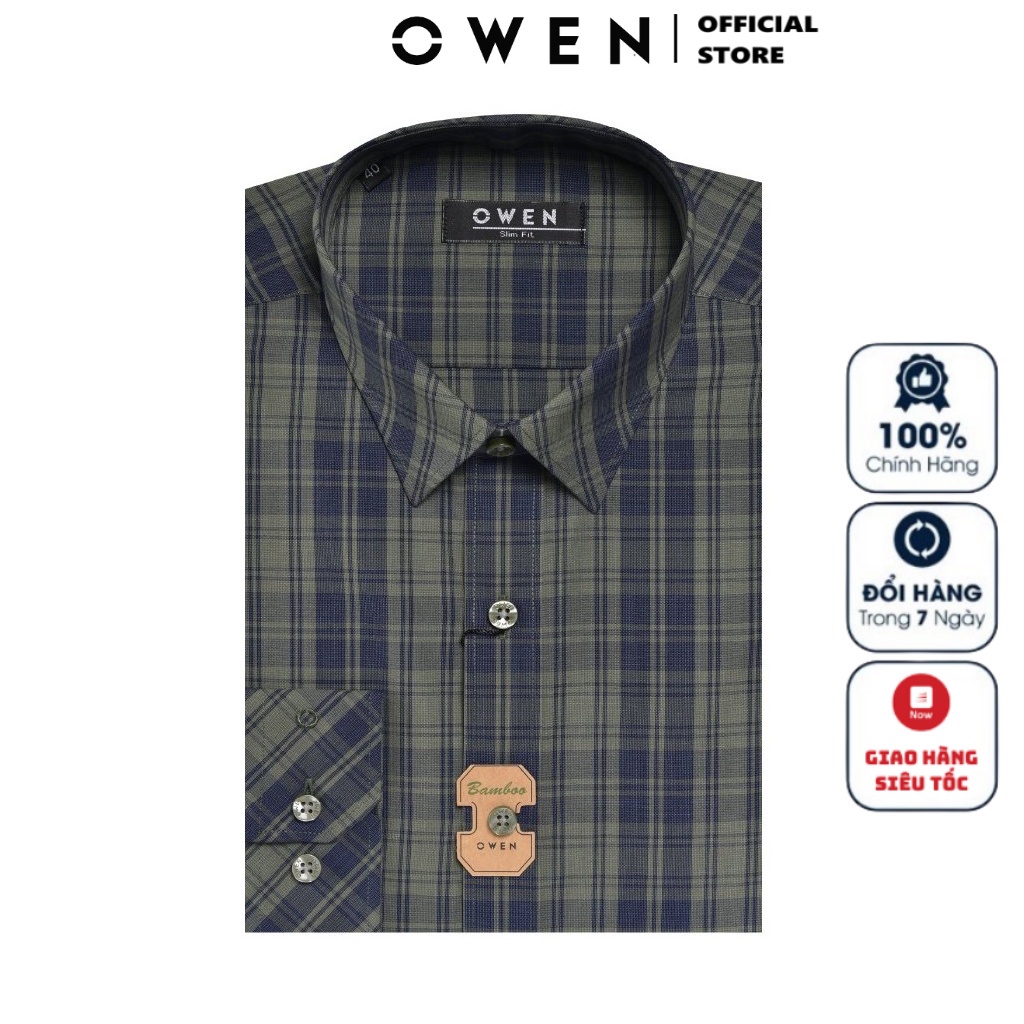 Áo Sơ Mi Nam Dài Tay Owen AS23219D Somi Công Sở Cao Cấp Màu Kẻ Caro Navy Rêu Dáng Ôm Không Túi Chất Sợi Tre Mềm Mát