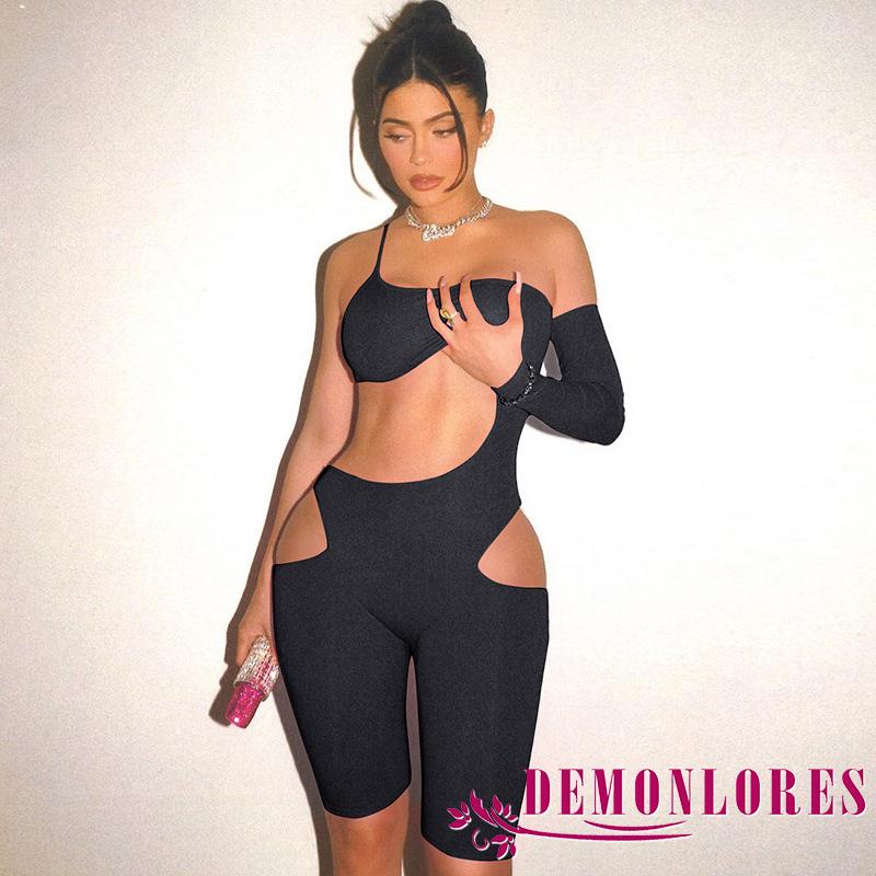 Jumpsuit dạng quần đùi màu trơn ôm dáng dài tay hở một vai phối khoét rỗng quyến rũ cho nữ