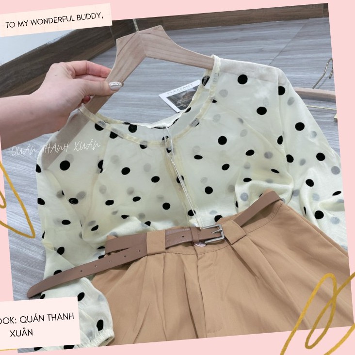 Set áo sơ mi chấm bi kèm quần hàn quốc chất tơ xước