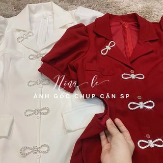 Đầm cổ vest khoét eo khoen nơ (kèm ảnh thật)