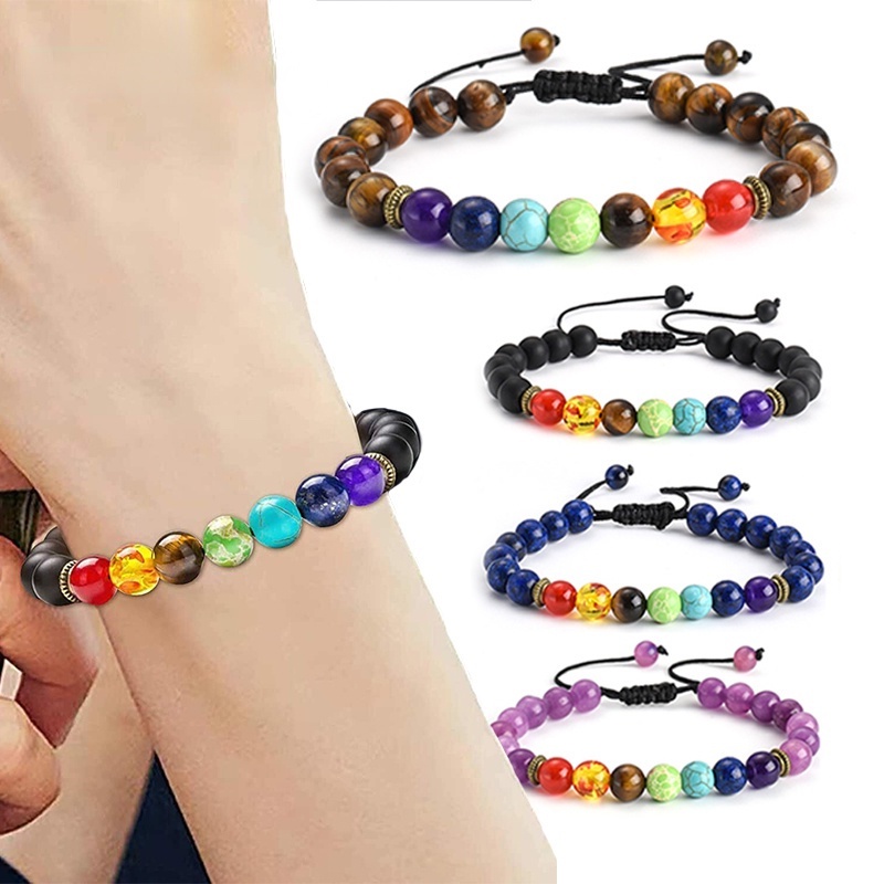 Vòng Tay Hạt Đá Núi Lửa Nhiều Màu 7 Luân Xa Có Thể Điều Chỉnh