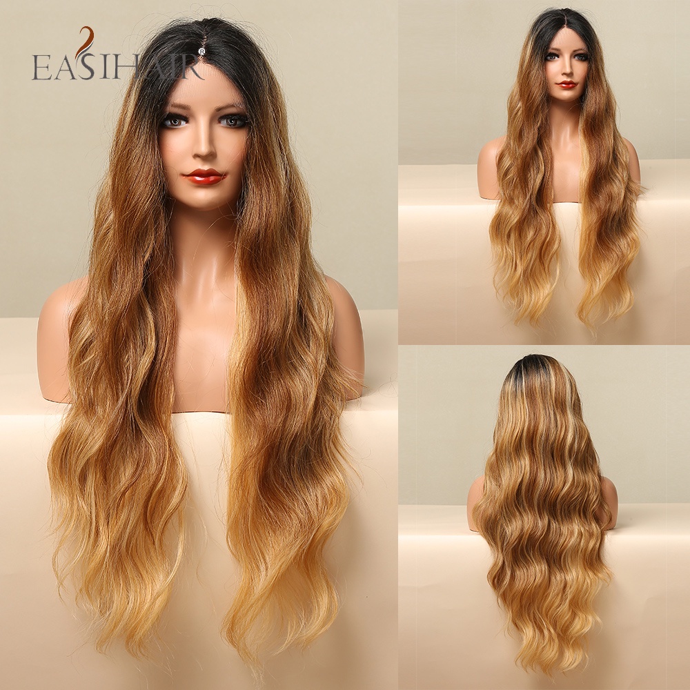 Bộ Tóc Giả Dài Xoăn Màu Đen / Nâu Mật Ong Bằng Sợi Tổng Hợp Dành Cho Nữ
