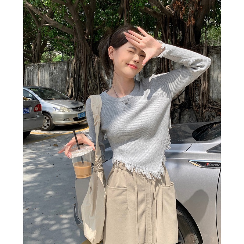 Áo ZHELIHANGFEI dệt kim tay dài dáng ngắn phối tua rua thiết kế lệch tà cá tính cho nữ