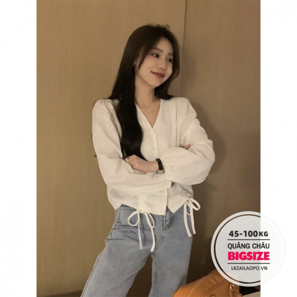 Áo sơ mi nữ bigsize 45-100kg, Áo Sơ mi kiểu nữ đẹp cá tính tay dài cổ chữ v Phong cách Hàn Quốc vintage thiết kế dây rút - quảng châu cao cấp | BigBuy360 - bigbuy360.vn