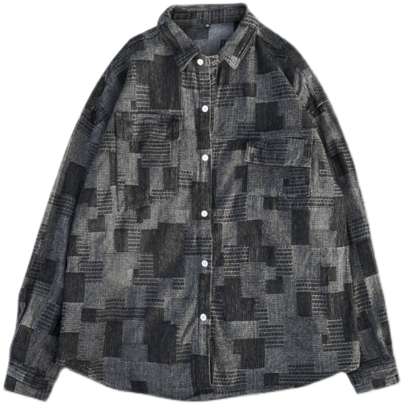 Áo sơ mi denim cổ điển Nhật Bản của nam giới phong cách Hồng Kông xu hướng giản dị đẹp trai hoang dã dài tay áo