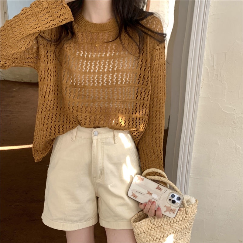 Áo Dệt Kim Tay Dài Cổ Tròn Dáng Rộng Phong Cách Hàn Quốc Thời Trang Mùa Thu Cho Nữ