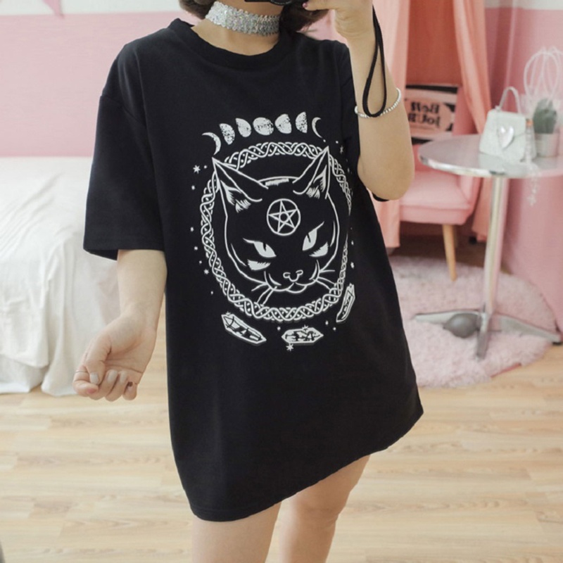 Áo Thun Tay Ngắn Dáng Rộng In Hình Mèo Kiểu Harajuku Thời Trang Mùa Hè Cho Nữ