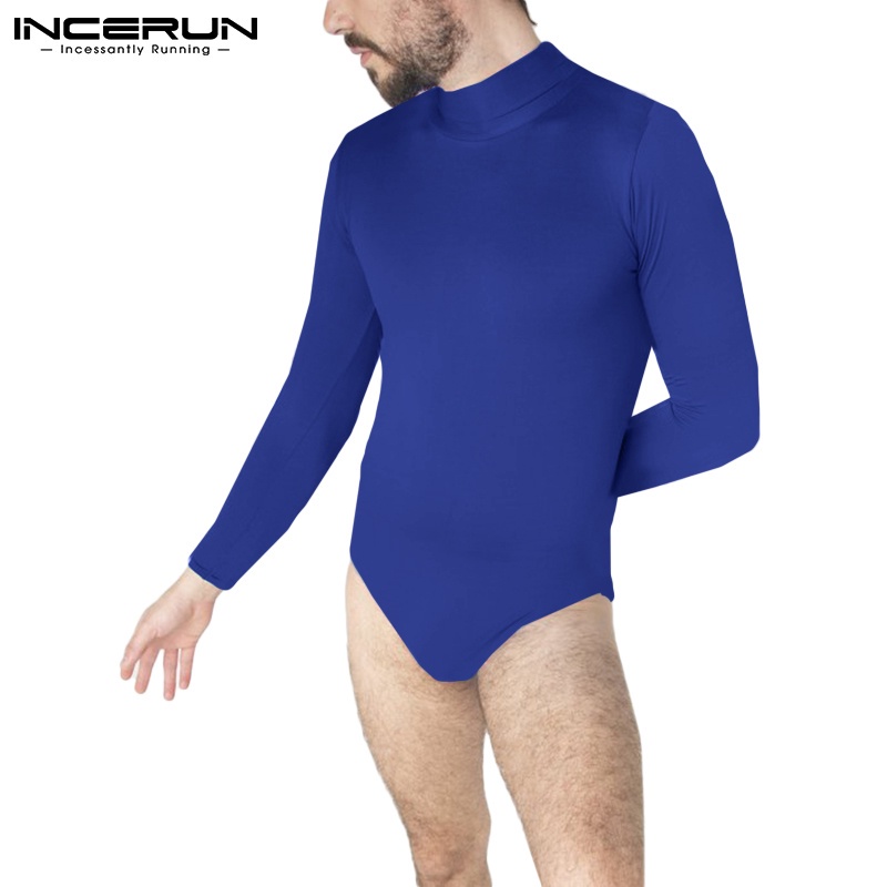 Áo liền quần INCERUN tay dài cổ lọ màu trơn có dây kéo phía sau co giãn thoải mái thời trang cho nam