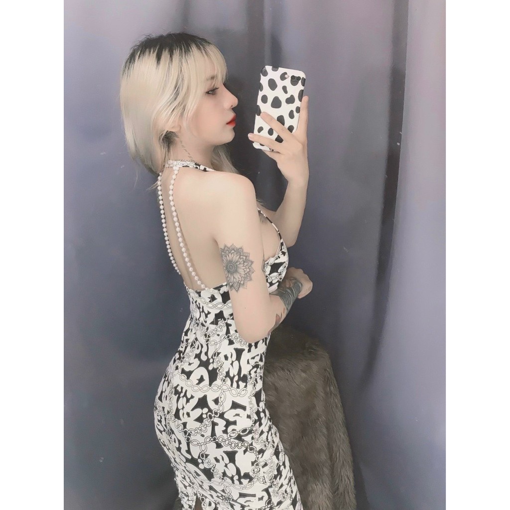Đầm yếm họa tiết hót hit phối dây hạt ngọc siêu xinh sexy tôn dáng xinh ảnh thật hot đủ mau free size