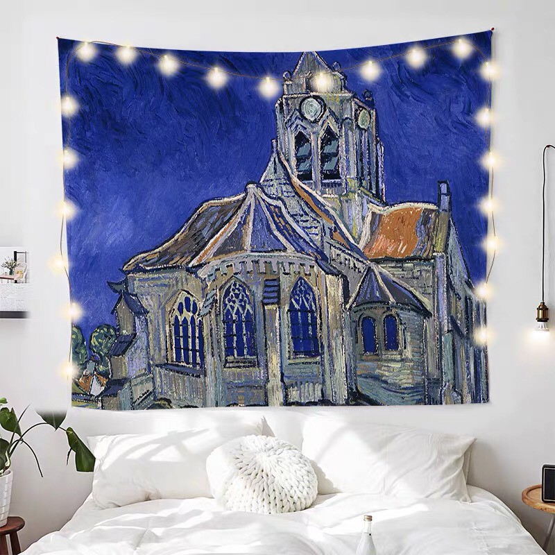 Thảm treo tường trang trí hình tranh Van Gogh và đèn trang trí