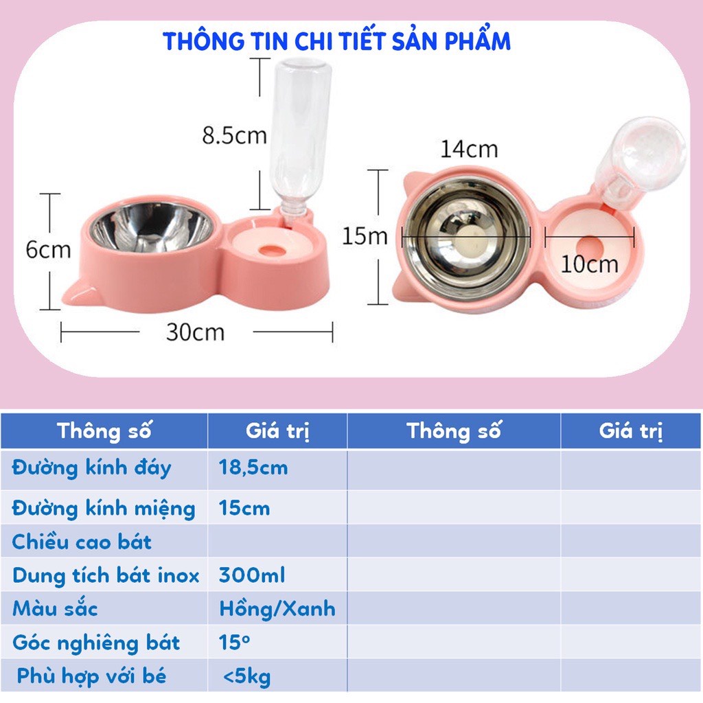 Bát ăn đôi kèm bình nước tự động cho mèo, Bát ăn đôi chống gù, Bát ăn đôi chống kiến