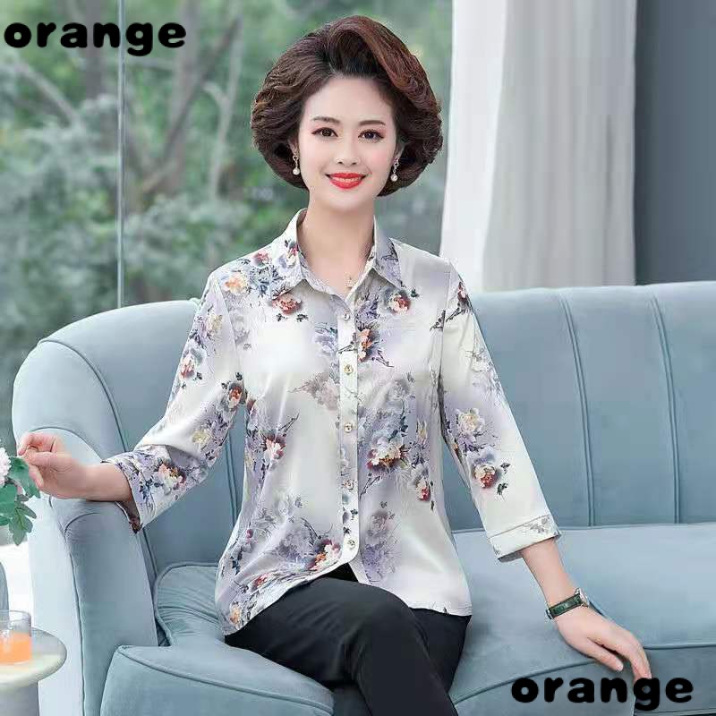 Áo Sơ Mi Tay Lửng Bằng Lụa Lạnh Mỏng Họa Tiết Hoa Phong Cách Mới Dành Cho Phụ Nữ Trung Niên 50 40 Tuổi UB0I