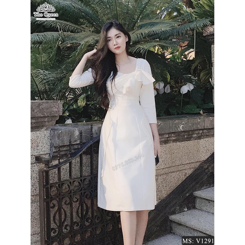 Váy xòe cổ vuông tay lỡ V1291 màu trắng nơ ngực - The Queen Fashion - Có ảnh chụp chi tiết của shop