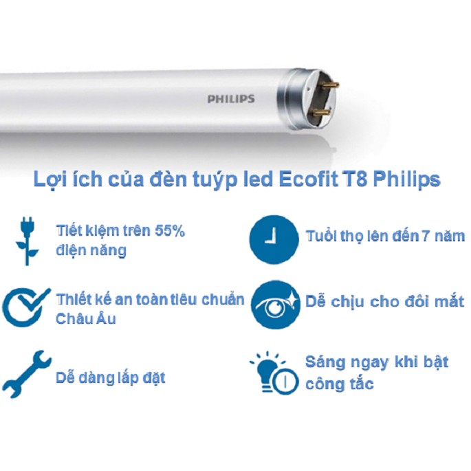 Bộ 10 Bóng đèn LED Tube EcoFit Philips 16W 1M2/0,6m - Ánh sáng bảo vệ mắt -  Bảo hành 12 tháng