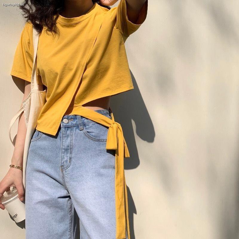 ❀☃❉2020 new short-sleeved t-shirt Women s irregular straps short scheming design sense female niche trendy top summer students