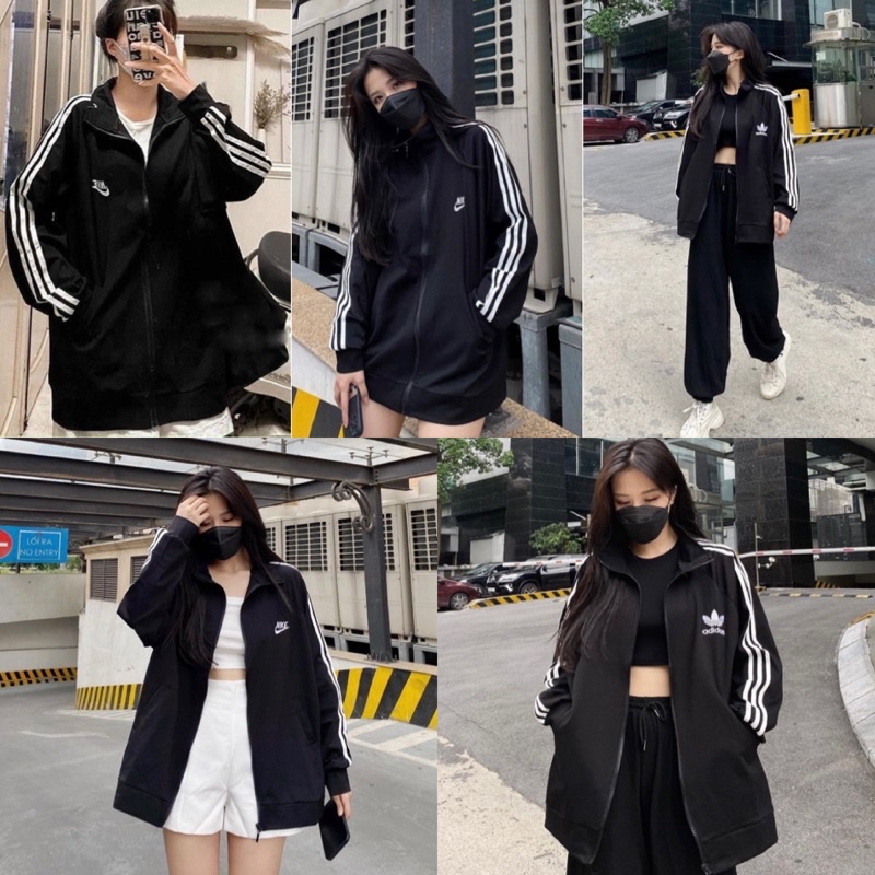 ÁO KHOÁC ĐEN có nón THÊU CHỮ form rộng oversize dễ phối đồ phần tay áo chạy sọc trắng hàng nhập quảng châu