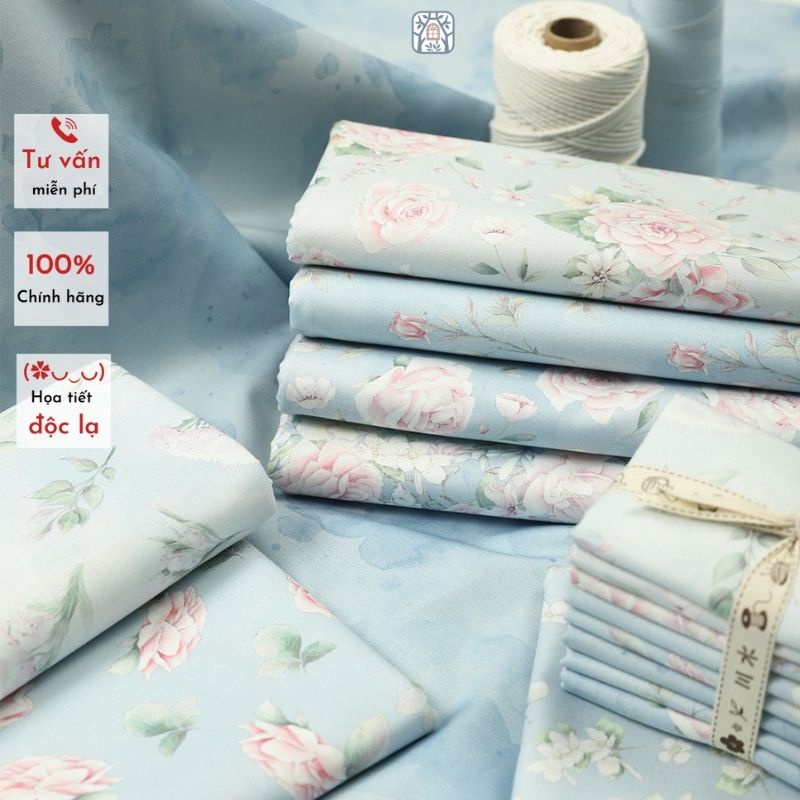 CS21-168 Vải cotton 100% tự nhiên🍒Chuanshui🍒khổ vải 145cm, hoa hồng màu pastel - vải đẹp handmade, quilt, may quần áo