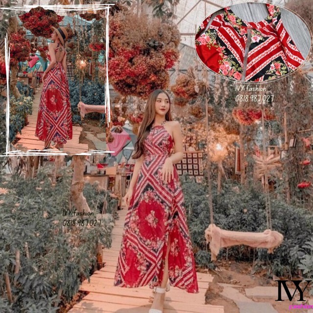 Đầm váy Maxi 🔥lụa có mút ngực🔥 họa tiết đỏ cổ yếm hở lưng xẻ đùi thổ cẩm đi biển dự tiệc dạo phố bigsize gợi cảm sexy