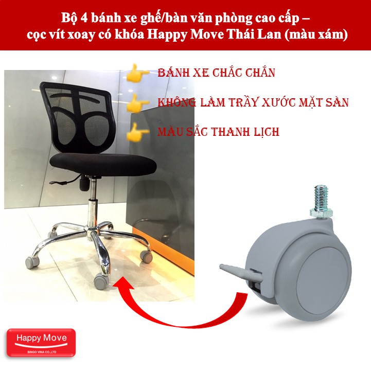 Bộ 4 bánh xe nội thất cao cấp - Cọc Vít Xoay Có Khóa Happy Move Thái Lan (màu xám)