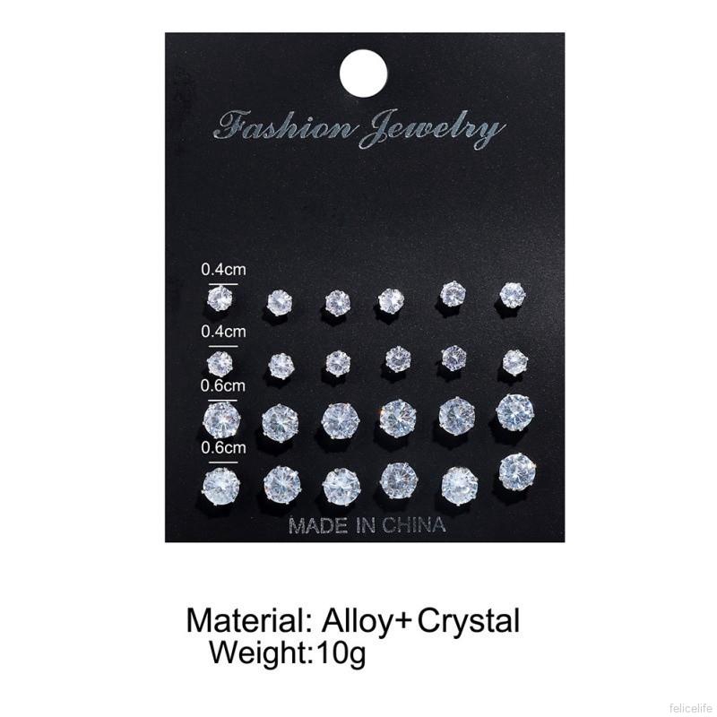 Set 12 đôi hoa tai đinh tán chất liệu thép không gỉ zirconia khối thời trang dành cho nữ