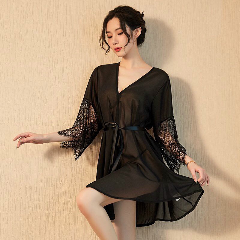 Áo Choàng Ngủ Cao Cấp 5244 Họa Tiết Trơn, Tay Phối Ren, Vải Nhì Xuyên Thấu Hở Chip Rất Gợi Cảm | BigBuy360 - bigbuy360.vn