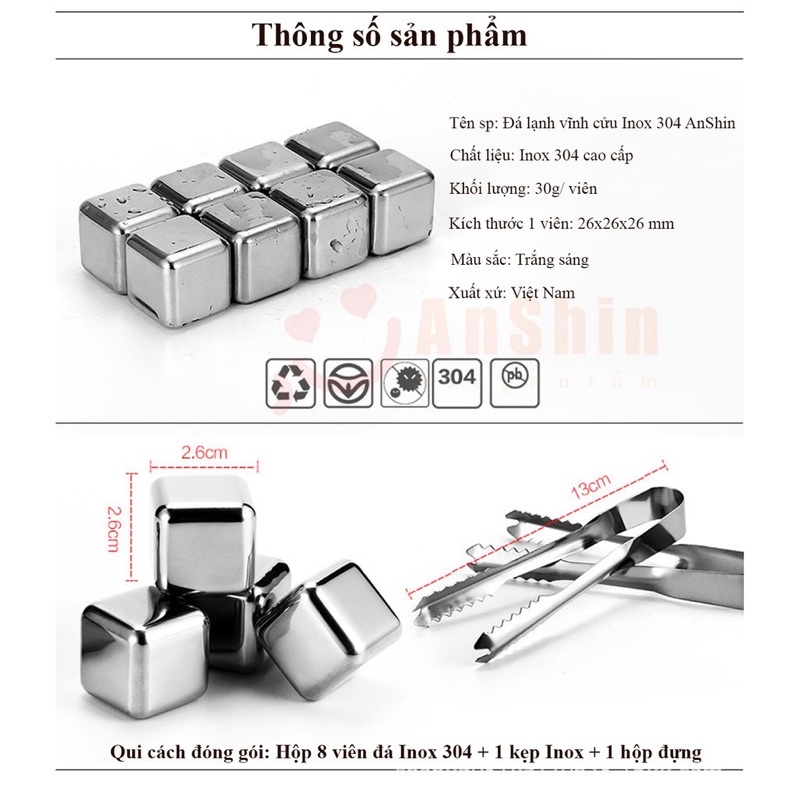 Đá Lạnh Inox Không Tan Hộp 8 Viên Kèm Cây Gắp Inox Tiện Lợi