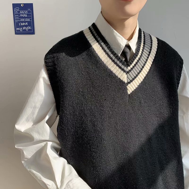 Áo Sweater Dệt Kim Unisex Cổ Chữ V Không Tay Phong Cách Hàn Quốc 4 Màu Sắc Size M-3XL