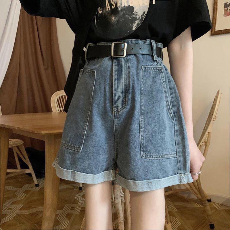 Quần Đùi Jeans Nữ Màu Xanh Có Túi Hai Bên Một Cúc, Quần Short Denim Dáng Ngắn Ống Rộng Phong Cách Ulzzang Loại 1