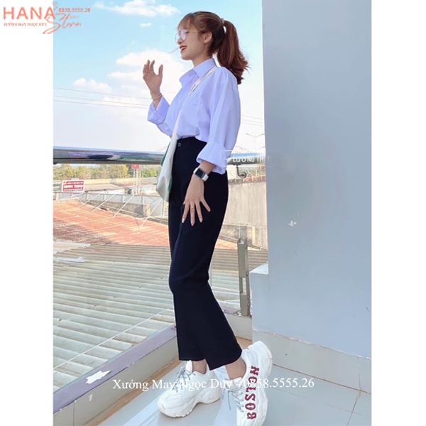 Quần tây nữ đi học lưng cao cạp có đỉa ống đứng suông màu Xanh Đen dáng quần vải baggy học sinh nữ đi học dài đáy cao