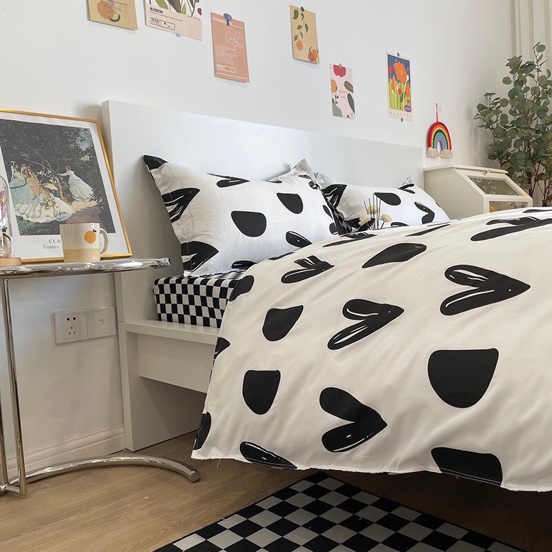 Bộ vỏ chăn ga gối 4 món Cotton Poly tim khuyết trắng đen