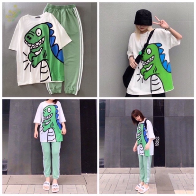 [GIÁ HUỶ  DIỆT]  Set áo khủng long + quần thun xanh 2 sọc unisex (ảnh thật )